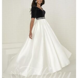Tiffany Designs Black Velvet and White Satin Prom Dress